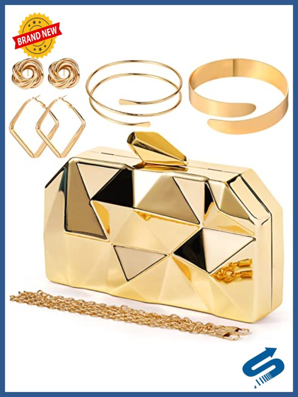 Gold Clutch Purse Women Evening Handbag Set with Jewelry Earrings Arm Cuffs